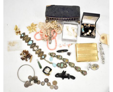 A quantity of costume jewellery including bead necklaces, bracelets, brooches, powder compact, etc.&nbsp;