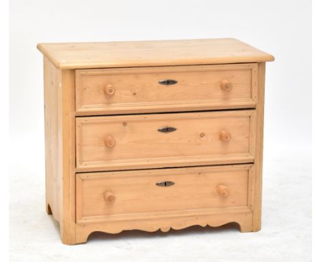 A pine chest of three long drawers on bracket feet, 77.5 x 91.5cm.