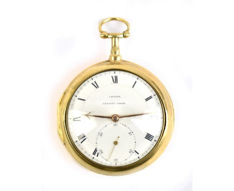 JOHN LEROUX; a late 18th century yellow metal pair cased verge pocket watch, the plain outer case enclosing the watch with bu