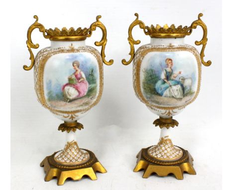 A pair of late 19th century Sevres style porcelain vases, each featuring panel painted with a young lady signed Delys, within