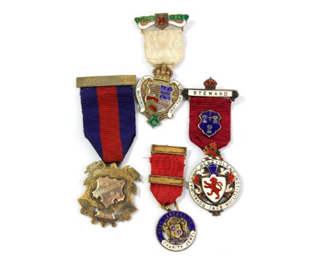 Four hallmarked silver jewels comprising RAOB Royal Victoria Lodge 407 example dated 1898, Royal Masonic Benevolent Instituti