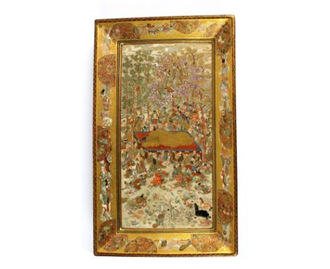 KAIZAN; a Japanese Satsuma rectangular dish, the central panel depicting 'The Death of the Historical Buddha' (Nehan zu), wit
