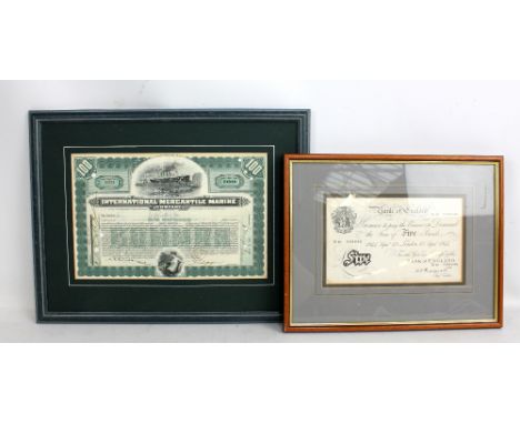 A Peppiatt white £5 note dated 13th September 1944 London serial no. E10 009646 and an International Mercantile Marine Co one