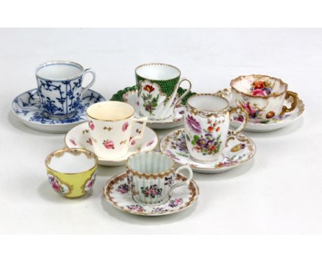 Six 19th century coffee cups and saucers to include a Derby example with hand painted rose and gilt decoration, diameter of s