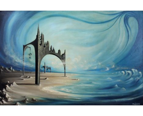 RON ****; oil on canvas, 'The Foggy Ruins of Time', surrealist scene of ruins with hourglass in desert and ocean landscape, i