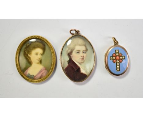 A 19th century oval portrait miniature of a gentleman wearing a grey wig, crimson jacket and white cravat, signed 'I.S', 4.5 