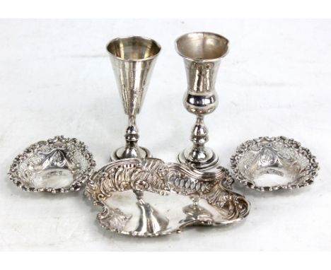 NATHAN &amp; HAYES; a pair of Victorian hallmarked silver pin dishes with pierced sides, Birmingham 1894, and a Rococo style 