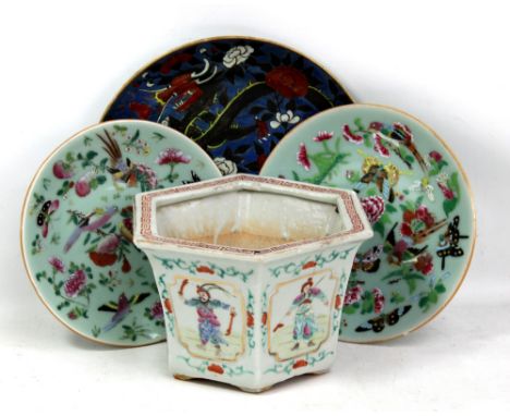 Four pieces of 19th century and later Chinese porcelain comprising a hexagonal famille rose planter painted in enamels with f