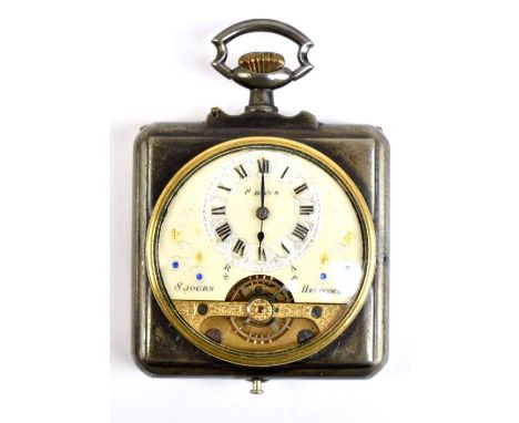 A gun metal cased square section Hebdomas eight day crown wind pocket watch, with Roman numerals to the chapter ring, the hin