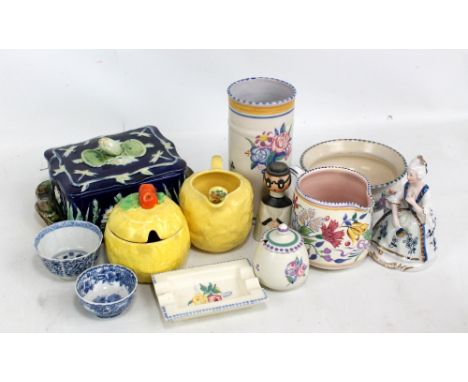 A mixed group of ceramics including a 19th century Majolica butter dish (unmarked and af), Poole Pottery, Carlton Ware novelt