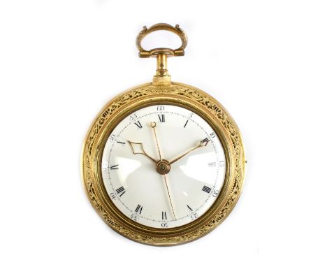 A late 18th century gold plated pair cased pocket watch, the outer case with detailed pierced border and case reverse decorat