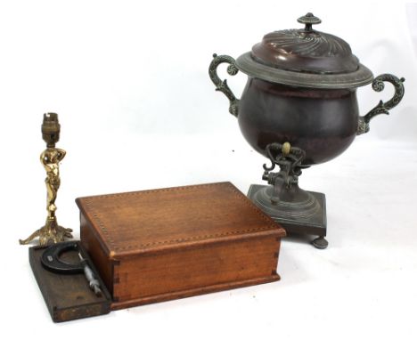 A copper tea urn, height 43cm, a brass figural table lamp, a cased Moore &amp; Wright of Sheffield micrometre, and an oak and