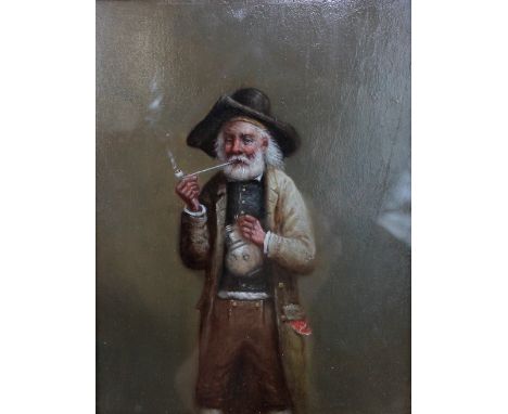 20TH CENTURY CONTINENTAL SCHOOL; oil on oak panel, portrait of an elderly gentleman smoking a pipe and holding a salt glazed 