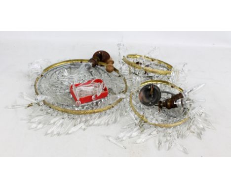 A pair of 20th century cut glass and gilt metal light fittings with prism drops, diameter 25cm (2).