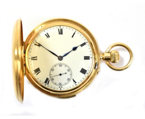 ROTHERHAMS OF LONDON; an 18ct yellow gold full hunter minute repeating pocket watch, the white enamel dial set with Roman num