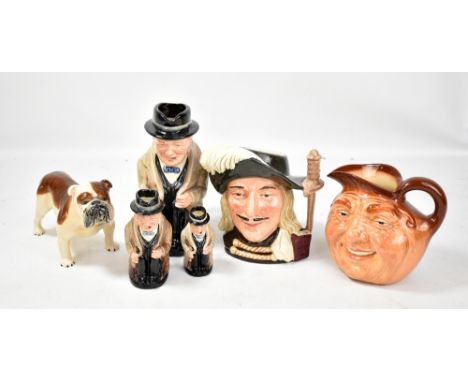 ROYAL DOULTON; five character jugs comprising 'John Barleycorn Old Lad', D6441 'Aramis' and three 'Winston Churchill' example