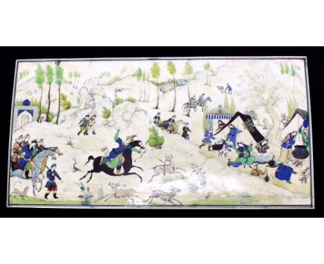 A circa 1900 Mughal School gouache on rectangular ivory panel depicting hunting scene in rural landscape with tents and build