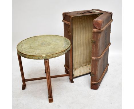 An Eastern brass tray top table and a travel trunk (2).