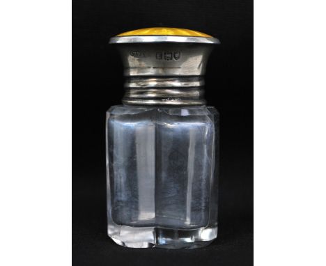 HENRY PERKINS &amp; SONS; a George V hallmarked silver and yellow guilloche enamel topped glass scent bottle of trilobed form