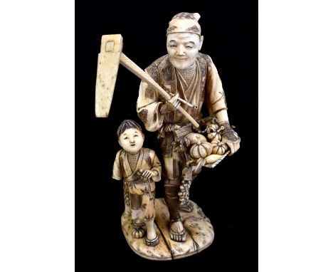 A large Japanese Meiji period carved ivory sectional okimono depicting a gentleman holding a pipe and axe with child by his s