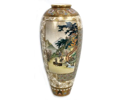 KINKOZAN; a good Japanese Satsuma ovoid vase with panels depicting fisherman pulling in a net by a river, farm workers and la