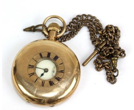 AMERICAN WATCH CO; a gold plated crown wind half hunter pocket watch, the white enamel dial set with Roman numerals and subsi