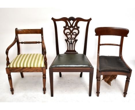 An early 19th century mahogany Chippendale style dining chair with pierced splat and two further examples (one for restoratio