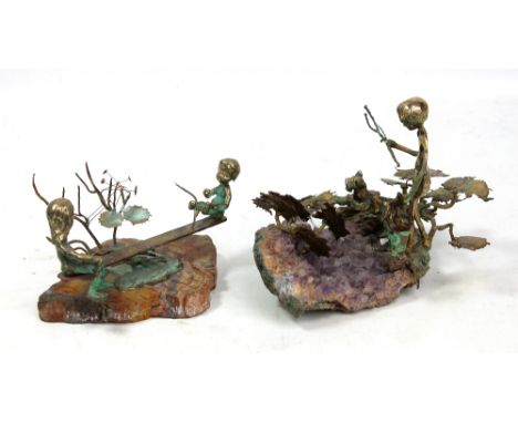 MALCOLM MORAN; two gilt metal sculptures modelled as children playing, the first depicting boy with dog set on purple geode, 