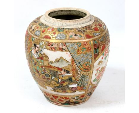 A Japanese early to mid-20th century Satsuma ginger jar decorated in gilt and enamels with two panels featuring two robed gen