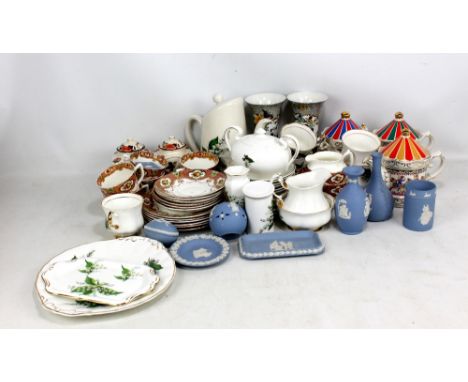 A mixed lot of ceramics including Wedgwood light blue jasperware, pair of Corona Ware transfer decorated vases, three Sadler 