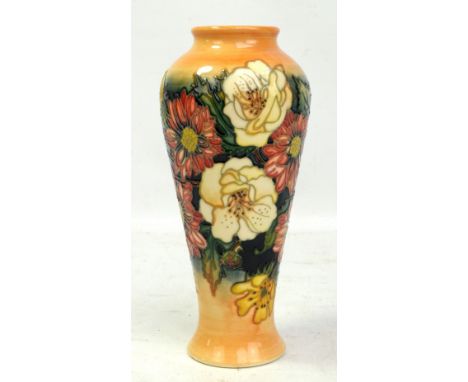 MOORCROFT; a Moorcroft Collectors' Club orange ground 'Victoriana' pattern tubeline decorated tapered vase with impressed mar