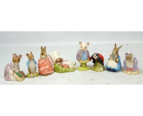 ROYAL ALBERT; eight Beatrix Potter figures including 'Benjamin Wakes Up', 'Johnny Town-Mouse', 'Mrs Rabbit &amp; Bunnies', 'H