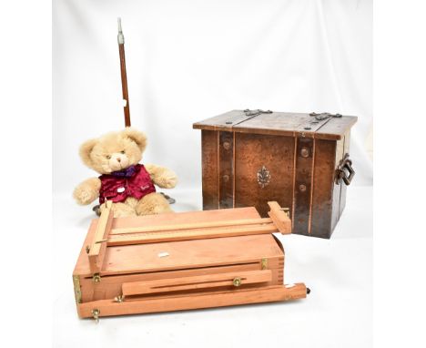 A mixed lot comprising a twin-handled copper bound log bin, a Mabef easel, a Harrods 1996 teddy bear and a shooting stick (4)