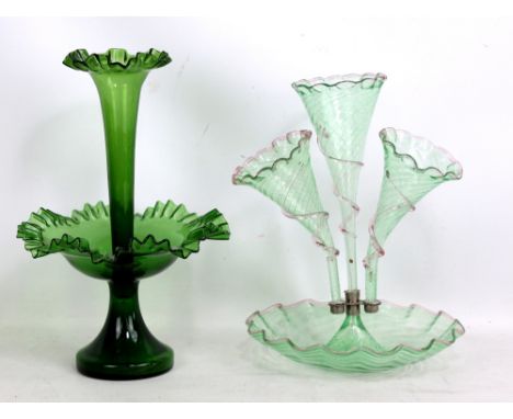 A Victorian green and pink detailed glass epergne with three wrythen twist horns above circular bowl with crimped rim, height