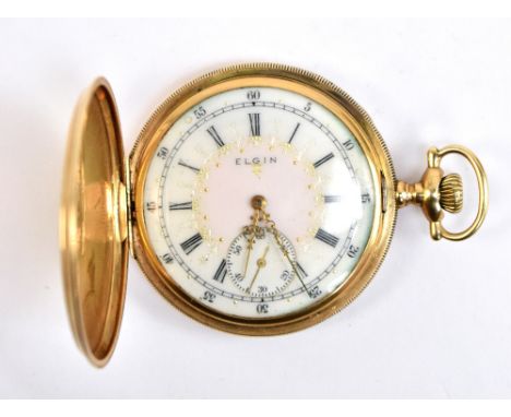 ELGIN NATIONAL WATCH CO; a 14ct yellow gold slim full hunter pocket watch, the white enamel dial set with Roman numerals and 