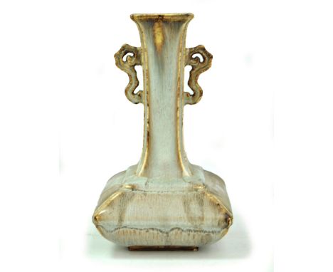 A Chinese Jun-type twin handled square bottle vase, in light blue with faint purple splashes, height 22cm.Additional Informat