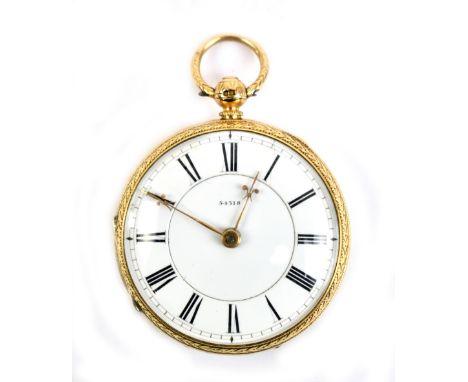 An unnamed Swiss 18ct yellow gold key wind open face pocket watch with white enamel dial set with Roman numerals and inscribe