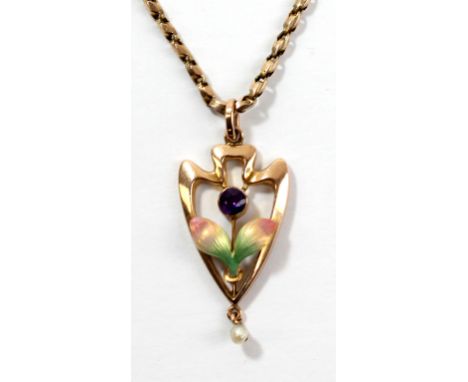 A yellow metal pendant set with purple coloured stone above enamelled leaf detail and cultured seed pearl set drop stamped 9c