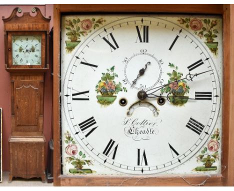 J COLLIER OF CHEADLE; a 19th century oak and mahogany crossbanded longcase clock, the broken swan neck above floral painted r