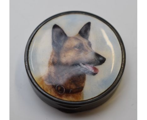 George V hallmarked novelty silver guilloché enamel compact with German Shepherd / Alsatian dog decoration, Adie Brothers Ltd