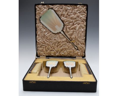 Art Deco Mappin &amp; Webb white guilloché enamel hallmarked silver dressing table set comprising hand mirror, four brushes a