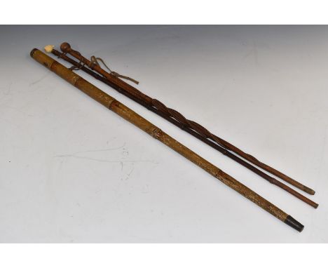 Three walking sticks comprising 19th or early 20thC example with concealed telescope impressed 'Rowland Bristol', one with ca