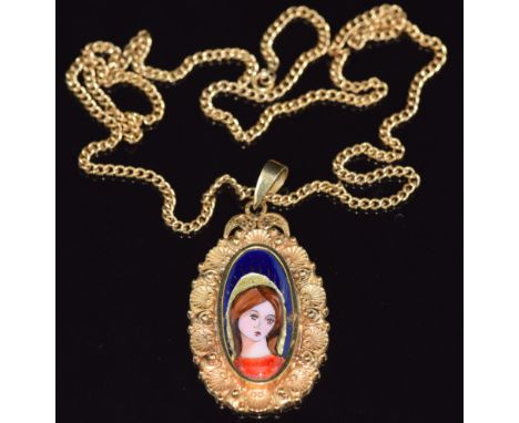 An 18ct gold pendant set with an enamel portrait icon (13g) on a 9ct gold chain (8.3g)