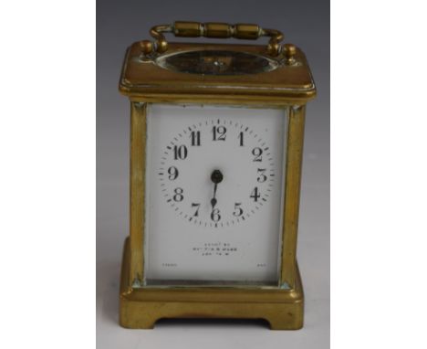 A c1900 brass French carriage clock, the enamel Arabic dial marked 'Exam'd by Mappin &amp; Webb London', H11cm