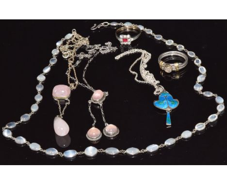 Two silver necklaces set with rose quartz, a silver pendant set with green and blue enamel, a Victorian moonstone necklace an