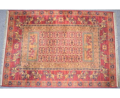 Persian rug with mounted rider surround on a wine ground, 195 x 134cm