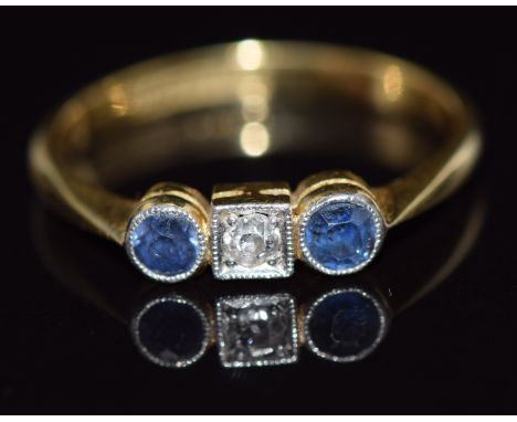 An 18ct gold ring set with a diamond and sapphires, 2.2g,&nbsp;size K&nbsp;