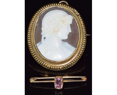 Victorian brooch set with a cameo, 4.2 x 3.7cm, and a Victorian brooch set with a foiled amethyst, length 3.5cm