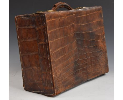 Vintage Harrods crocodile leather suitcase with moiré taffeta interior and brass fittings, 46 x 33 x 16cm