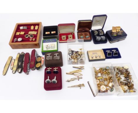 A collection of cufflinks, vintage studs, two 9ct white gold studs and a 9ct gold cufflink (4.7g)